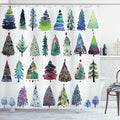 Ambesonne Christmas Shower Curtain, Watercolor Christmas Theme Fir Trees Artistic Abstract Silhouettes Illustration, Cloth Fabric Bathroom Decor Set with Hooks, 69" W x 84" L, Green Purple