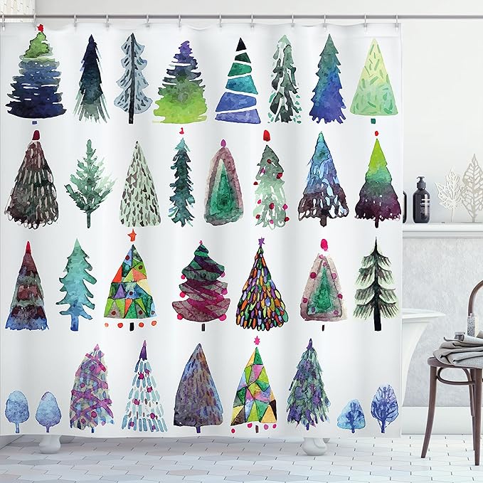 Ambesonne Christmas Shower Curtain, Watercolor Christmas Theme Fir Trees Artistic Abstract Silhouettes Illustration, Cloth Fabric Bathroom Decor Set with Hooks, 69" W x 84" L, Green Purple