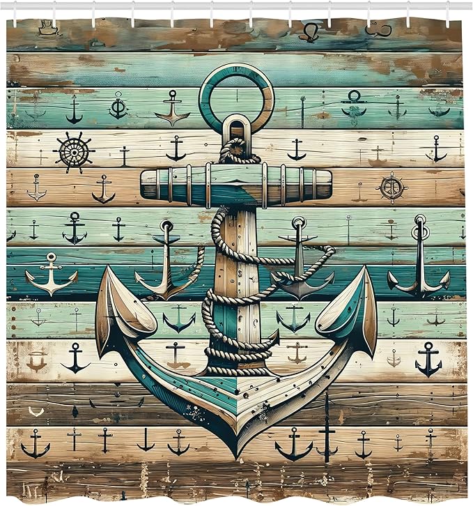 Ambesonne Nautical Shower Curtain, Sailing Rustic Style Anchor with Weathered Wooden Plank Look Print, Cloth Fabric Bathroom Decor Set with Hooks, 69" W x 70" L, Teal Seafoam Pale Brown