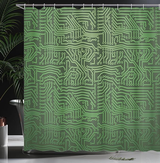 Ambesonne Digital Shower Curtain, Computer Art Backdrop with Circuit Board Diagram Hardware Wire Illustration, Cloth Fabric Bathroom Decor Set with Hooks, 69" W x 84" L, Fern Green