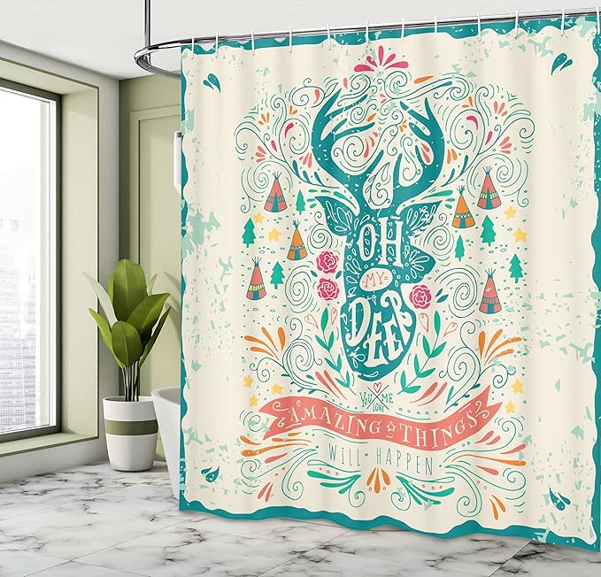 Ambesonne Vintage Shower Curtain, Reindeer with Antlers with Tribal Element and Flowers, Cloth Fabric Bathroom Decor Set with Hooks, 69" W x 75" L, Cream Multicolor