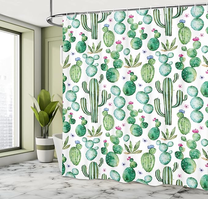 Ambesonne Green Shower Curtain, Mexican Texas Cactus Plants Spikes Cartoon Like Print, Cloth Fabric Bathroom Decor Set with Hooks, 69" W x 75" L, Lime Green Pale Pink