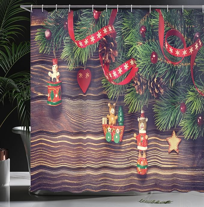 Ambesonne Christmas Shower Curtain, Cloth Fabric Bathroom Decor Set with Hooks, Old Ribbon Print, 69" W x 70" L, Green and Brown