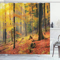 Ambesonne Forest Shower Curtain, Colorful Autumn Forest Sun Golden Yellow Trees Seasonal Scenics Picture, Cloth Fabric Bathroom Decor Set with Hooks, 69" W x 75" L, Orange Yellow