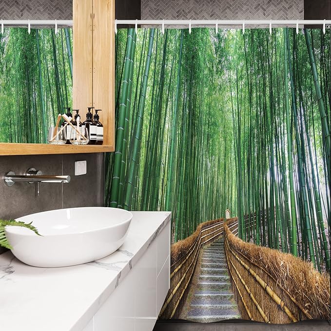 Ambesonne Jungle Stall Shower Curtain, Tropical Nature Bridge Over Trees Exotic Landscape Forest Jungle Woods Design, Fabric Bathroom Decor Set with Hooks, 54" W x 78" L, Green Brown
