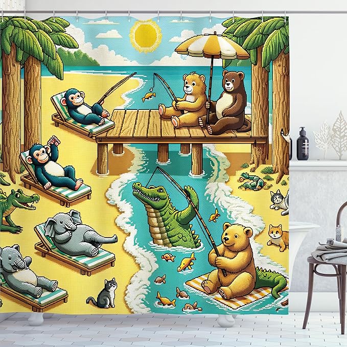 Ambesonne Funny Animals Shower Curtain, Sunbathing Elephants Monkeys Fishing Bears Swimming Gator Happy Day, Cloth Fabric Bathroom Decor Set with Hooks, 69" W x 84" L, Yellow Aqua Green