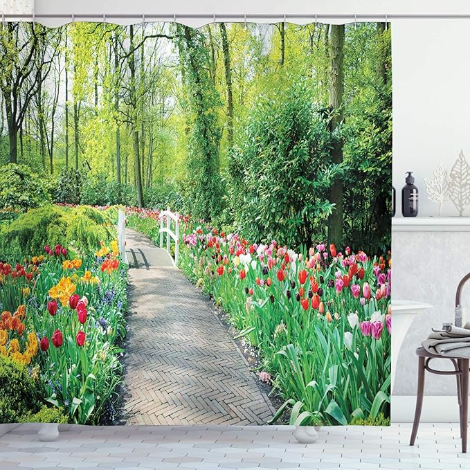 Ambesonne Garden Shower Curtain, Tulips in Keukenhof Gardens and Path Along Colorful Flowers Trees Nature Landscape, Cloth Fabric Bathroom Decor Set with Hooks, 69" W x 75" L, Multicolor