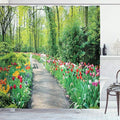 Ambesonne Garden Shower Curtain, Tulips in Keukenhof Gardens and Path Along Colorful Flowers Trees Nature Landscape, Cloth Fabric Bathroom Decor Set with Hooks, 69" W x 75" L, Multicolor