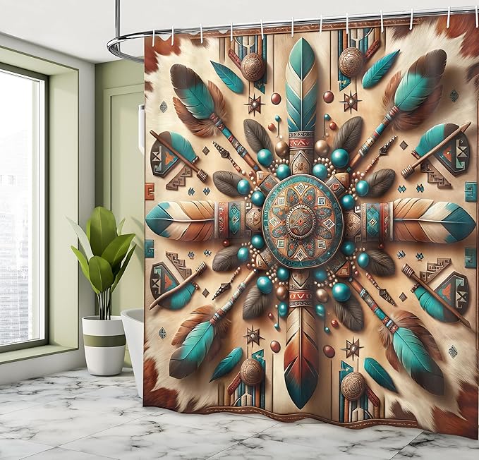Ambesonne Rustic Shower Curtain, Ethnic Southwestern Style Grunge Boho Symmetric Design with Feathers, Cloth Fabric Bathroom Decor Set with Hooks, 69" W x 70" L, Redwood and Dark Turquoise