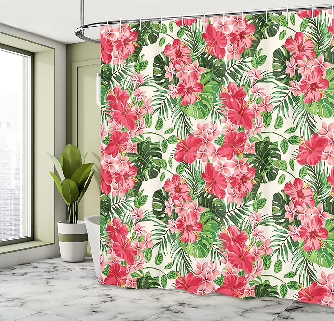 Ambesonne Floral Shower Curtain, Tropical Botanic Flowers Leaves Ivy Island Hawaiian Image, Cloth Fabric Bathroom Decor Set with Hooks, 69" W x 70" L, Green Jade
