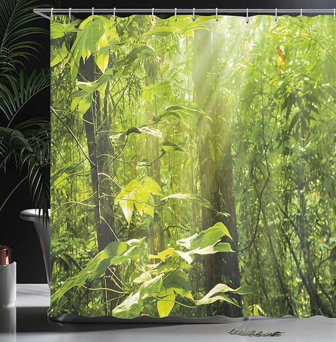Ambesonne Nature Shower Curtain, Forest with Sunray Foliage Leaf Branches Woodland Eco Jungle Misty Picture, Cloth Fabric Bathroom Decor Set with Hooks, 69" W x 75" L, Lime Green Brown