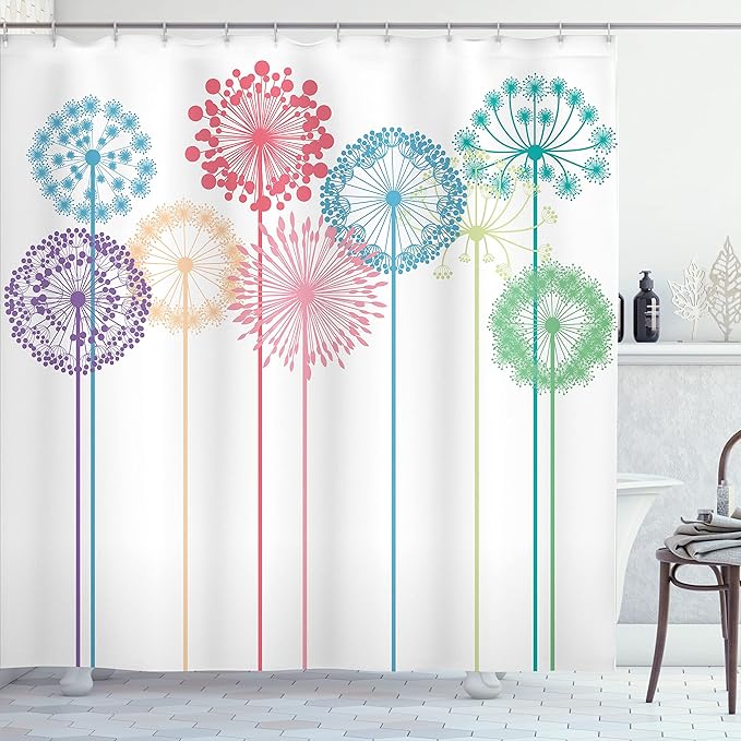 Ambesonne Floral Shower Curtain, Flower Inspired Artwork Colorful Dandelions on White Background Illustration Print, Cloth Fabric Bathroom Decor Set with Hooks, 69" W x 84" L, Dark Indigo
