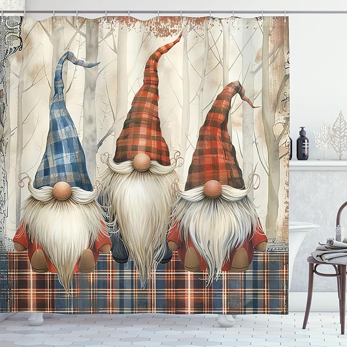 Ambesonne Christmas Shower Curtain, Gnomes with Plaid Hats Print Whimsical Xmas Elves Santa's Helpers, Cloth Fabric Bathroom Decor Set with Hooks, 69" W x 70" L, Blue Brown Burnt Sienna