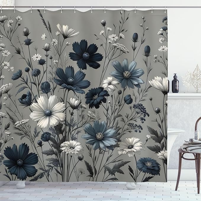 Ambesonne Navy Blue Shower Curtain, Spring Night Cottagecore Vintage Style Floral Arrange Wildflowers, Cloth Fabric Bathroom Decor Set with Hooks, 69" W x 70" L, Coconut Dark Petrol Blue