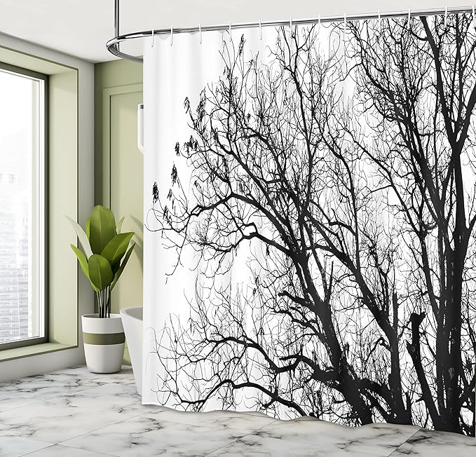Ambesonne Nature Shower Curtain, Leafless Autumn Fall Tree Branches Tops Oak Forest Woodland Season Eco Theme, Cloth Fabric Bathroom Decor Set with Hooks, 69" W x 75" L, Charcoal Grey White