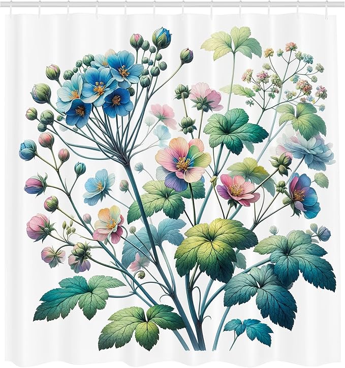 Ambesonne Floral Shower Curtain, Trippy and Bold Colorful Wild Flowers in a Spring Morning on Plain Back, Cloth Fabric Bathroom Decor Set with Hooks, 69" W x 70" L, Teal Green Multicolor