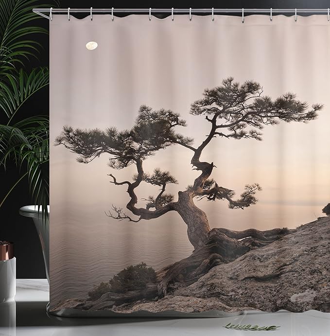Ambesonne Tree Shower Curtain, Lonely Juniper Tree on Seaside Cliff Full Moon at Sunset Nature Theme Art Print, Cloth Fabric Bathroom Decor Set with Hooks, 69" W x 70" L, Brown Grey