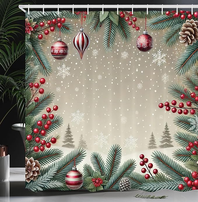 Ambesonne Christmas Shower Curtain, Happy Winter Pine Tree Leaves and Xmas Balls with Falling Snowflakes, Cloth Fabric Bathroom Decor Set with Hooks, 69" W x 84" L, Ruby Khaki Cadet Blue