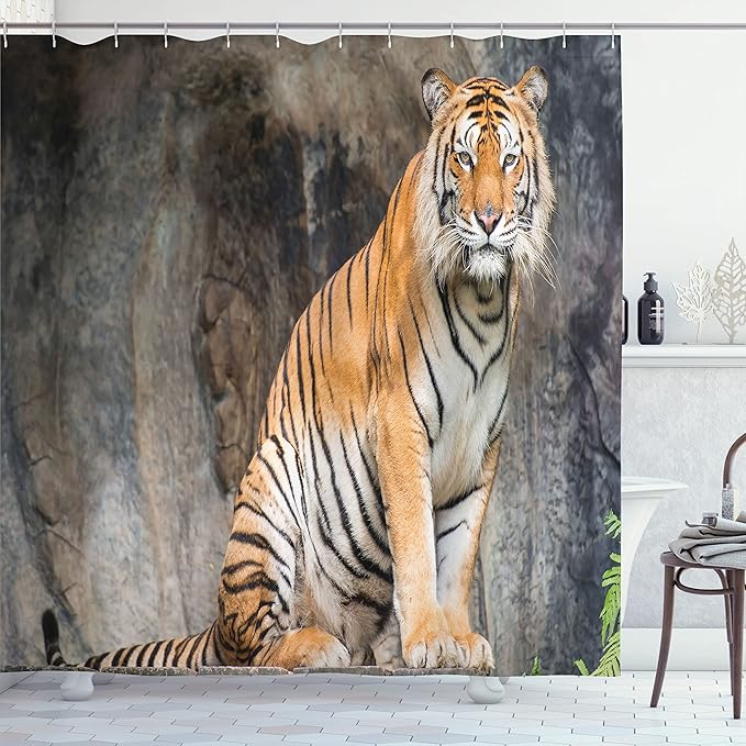 Ambesonne Zoo Shower Curtain, Bengal Tiger Feline Predator Aggressive Hunter Carnivore Africa Savannah, Cloth Fabric Bathroom Decor Set with Hooks, 69" W x 70" L, Pale Brown White Black