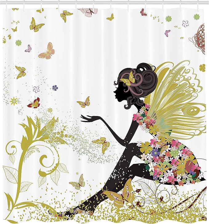 Ambesonne Fantasy Shower Curtain, Spring Girl Wings in a Floral Dress Surreal Garden Butterflies Print, Cloth Fabric Bathroom Decor Set with Hooks, 69" W x 70" L, Pale Earth