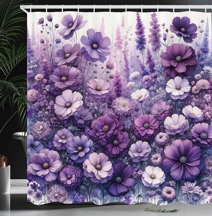Ambesonne Purple Shower Curtain, Picturesque Cottagecore Style Flowers Meadow Monochromatic Pastel Tones, Cloth Fabric Bathroom Decor Set with Hooks, 69" W x 84" L, Lilac Lavender Quartz