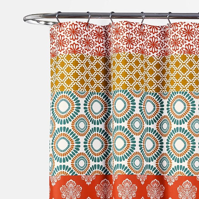 Lush Decor Bohemian Stripe Shower Curtain 72" W x 78" L Turquoise & Orange - Bathroom Curtain - Extra Long Shower Curtain - Boho Decor - Fabric Shower Curtains