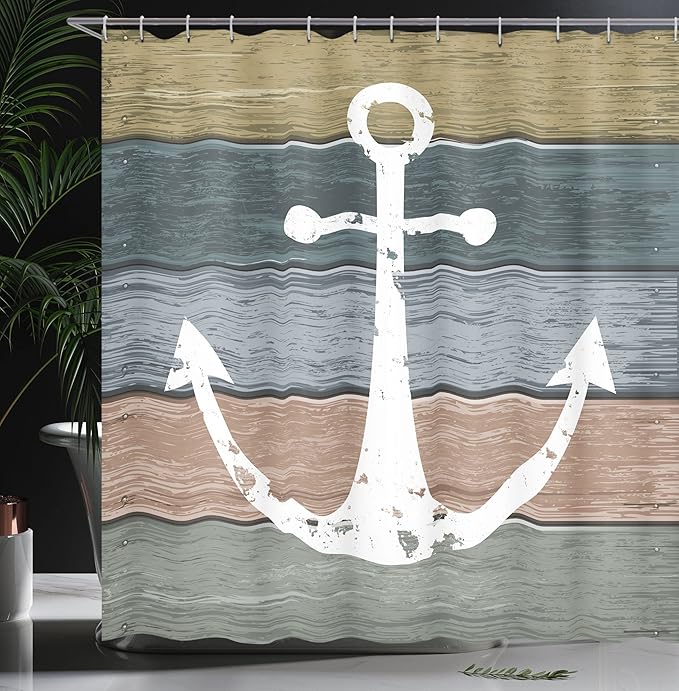 Ambesonne Anchor Shower Curtain, Timeworn Marine Pattern and Grunge Weathered Wooden Planks Rustic Style Nautical, Cloth Fabric Bathroom Decor Set with Hooks, 69" W x 70" L, Khaki Teal