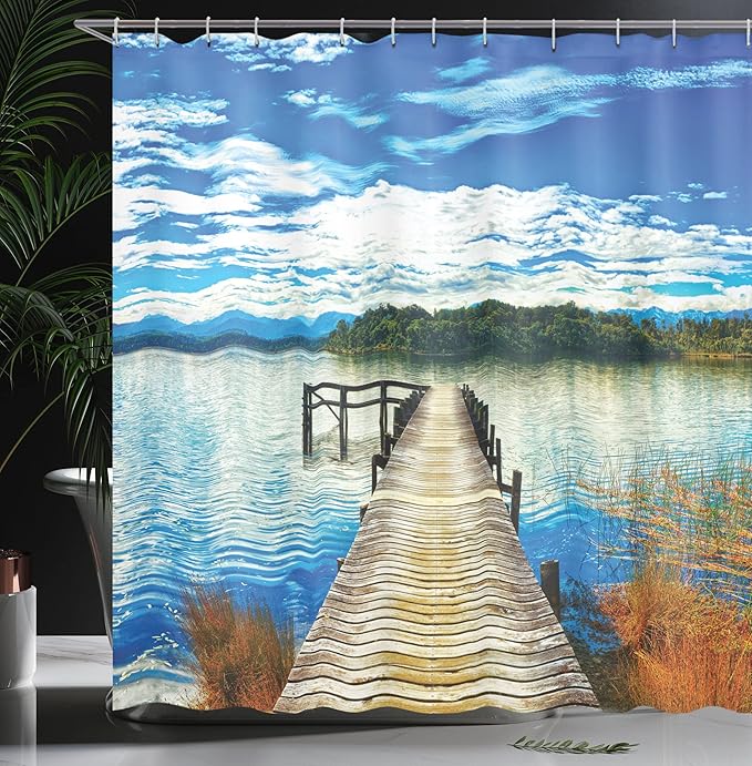 Ambesonne Beach Shower Curtain, Countryside with Lake Trees Pier Cloudy Summer Sky Water Reflection Rural, Cloth Fabric Bathroom Decor Set with Hooks, 69" W x 75" L, Green Orange