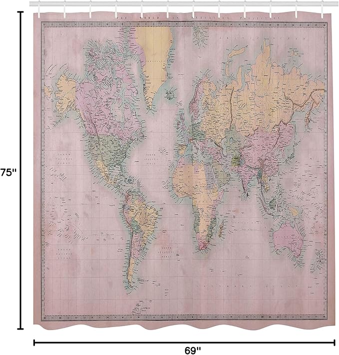 Ambesonne World Map Shower Curtain, Nostalgic Old Hand Colored Look Atlas of The Earth Anthique Chart for Old Emperors Artwork, Cloth Fabric Bathroom Decor Set with Hooks, 69" W x 75" L, Pale Yellow