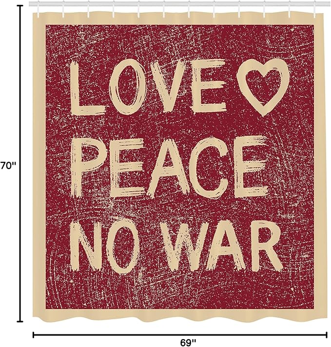 Ambesonne 1960s Shower Curtain, Love Peace Themed Text Pacifist Line Political Hippie Groovy Design, Cloth Fabric Bathroom Decor Set with Hooks, 69" W x 70" L, Redwood Pale Brown
