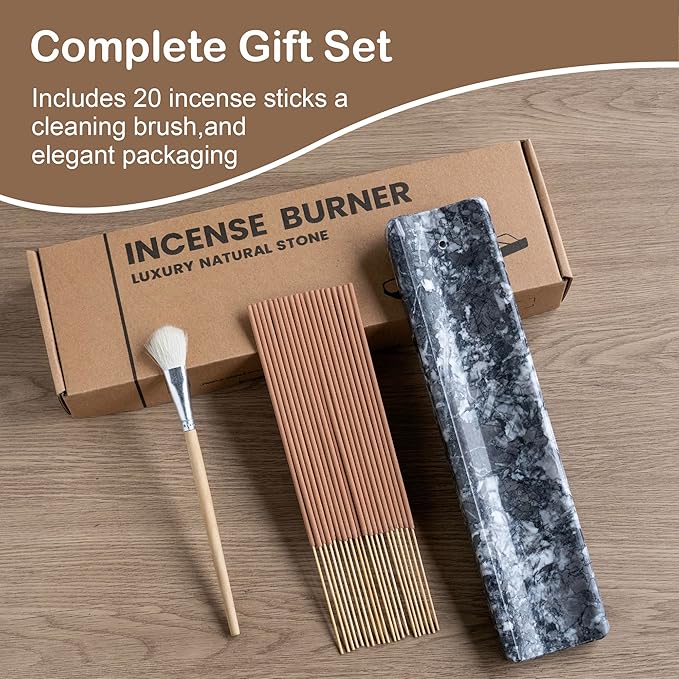 Marble Incense Holder Burner-Natural Stone Stick Incense Tray with Ash Catcher，20 Sticks & Brush - Elegant Decor for Meditation, Yoga, Home,Gift (Black)