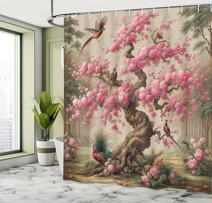 Ambesonne Spring Shower Curtain, Japanese Magic Sakura Tree with Colorful Crane Birds Vintage Framed Print, Cloth Fabric Bathroom Decor Set with Hooks, 69" W x 70" L, Pale Brown Pink Teal