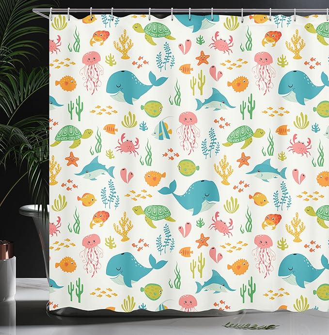Ambesonne Cartoon Shower Curtain, Underwater Animals Aqua Marine Life with Crabs Sea Stars Fish Illustration, Cloth Fabric Bathroom Decor Set with Hooks, 69" W x 70" L, Pink Green