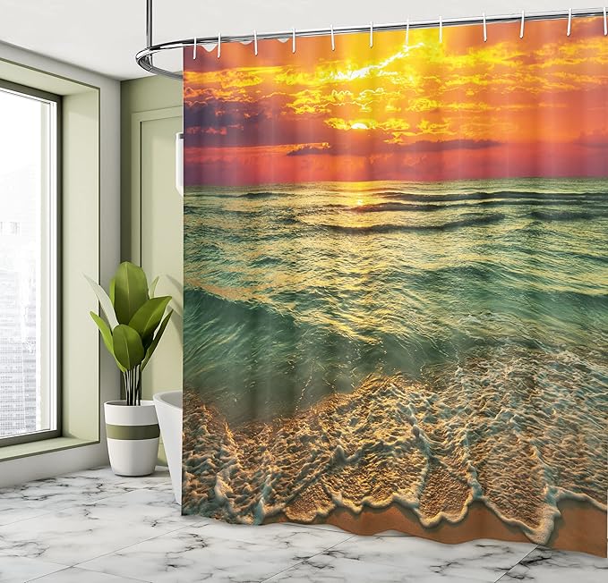 Ambesonne Ocean Shower Curtain, Serenity View of Mystic Sunset at Dusk Dense Clouds Wavy Sea and Beach, Cloth Fabric Bathroom Decor Set with Hooks, 69" W x 70" L, Brown Orange