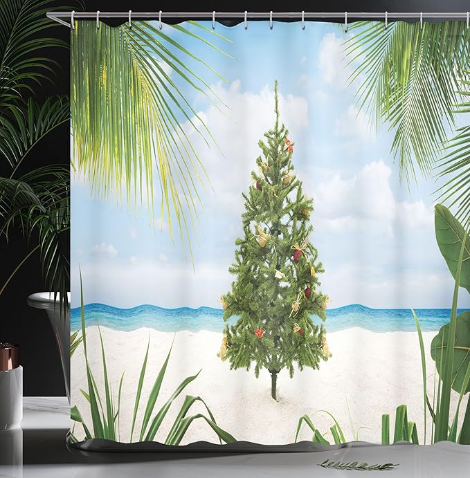 Ambesonne Christmas Shower Curtain, Tree Tinsel and Ornaments Tropical Island Sandy Beach Party Theme, Cloth Fabric Bathroom Decor Set with Hooks, 69" W x 84" L, Green Blue Cream