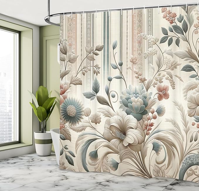 Ambesonne Vintage Shower Curtain, Nostalgic Delicate Flowers and Curling Leafy Details in Soft Colors, Cloth Fabric Bathroom Decor Set with Hooks, 69" W x 75" L, Eggshell Pale Slate Blue