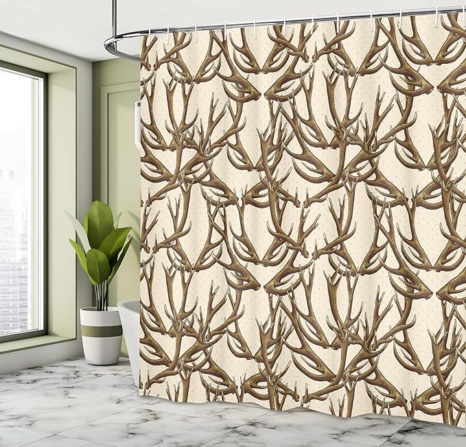 Ambesonne Antlers Shower Curtain, Deer Antlers on a Dotted Style of a Background with Polkadot Vintage Horn Collecting Winter, Cloth Fabric Bathroom Decor Set with Hooks, 69" W x 84" L, Brown Umber