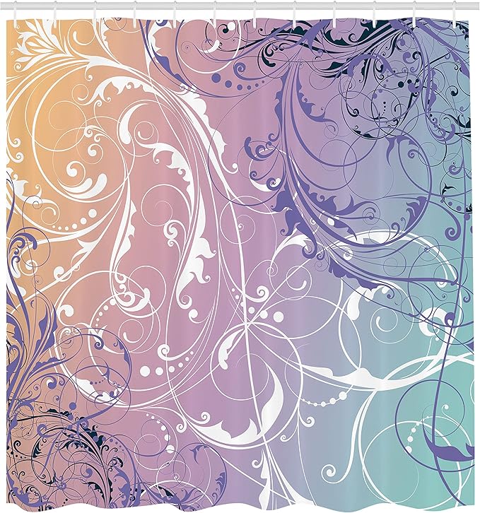Ambesonne Floral Shower Curtain, Baroque Swirl Branches Curved Flower Leaves Shabby Form Nature Pattern, Cloth Fabric Bathroom Decor Set with Hooks, 69" W x 75" L, Lilac Teal
