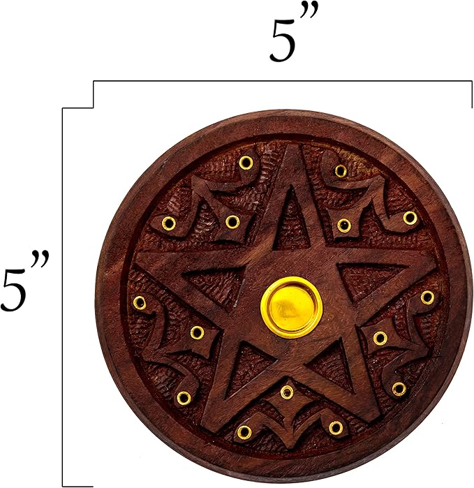 Pentagram Incense Holder - Handcrafted Incense Burner fits 15 Incense Sticks and 1 Incense Cone - Carved Wood, Brass Holders - 5 Inches Wide