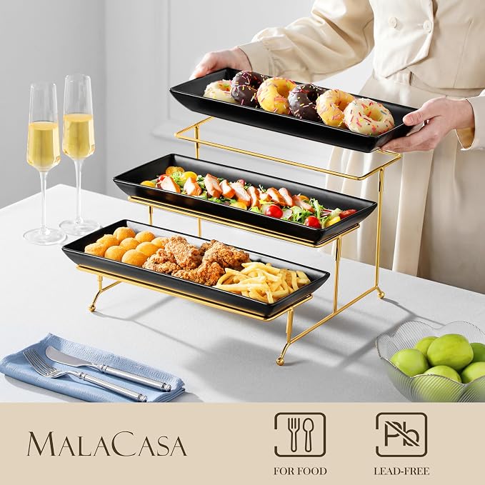MALACASA 3 Tier Serving Trays for Party, 14 Inch Porcelain Black Trays for Serving Food, Dessert Stand with Collapsible Gold Metal Rack | Tiered Serving Stand for Party, Fruit Tray, Trays for Serving Food, Dessert Stand with Collapsible Sturdier Gold M...