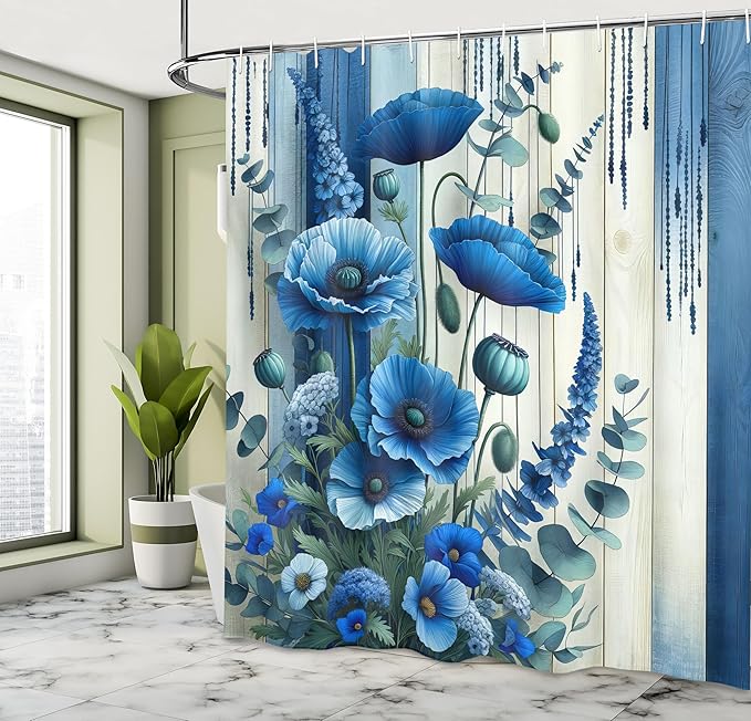 Ambesonne Blue Shower Curtain, Poppy Flowers Meadow Bouquet on Rustic Grunge Look Wooden Plank Back, Cloth Fabric Bathroom Decor Set with Hooks, 69" W x 75" L, Dark Turquoise and Off White