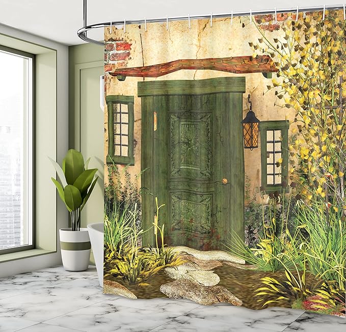 Ambesonne Rustic Shower Curtain, Cottage Door Overgrown Bushes Grass Tree Garden Brick Countryside, Cloth Fabric Bathroom Decor Set with Hooks, 69" W x 75" L, Green Ivory Yellow