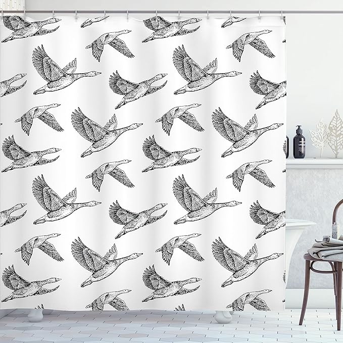 Ambesonne Geese Shower Curtain, Flying Geese Wings with Drawing Effect Wildlife Illustration Vintage Pattern Print, Cloth Fabric Bathroom Decor Set with Hooks, 69" W x 70" L, Charcoal White