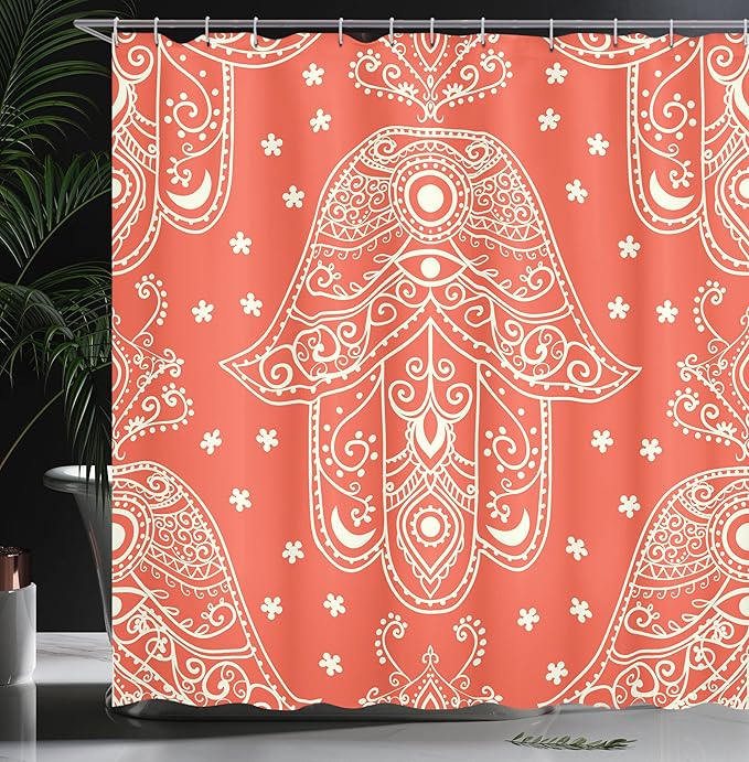 Ambesonne Hamsa Shower Curtain, Egyptian Boho Hamsa Hand Pattern with Eye Design Bridal Night Inspired Art, Cloth Fabric Bathroom Decor Set with Hooks, 69" W x 70" L, White Coral
