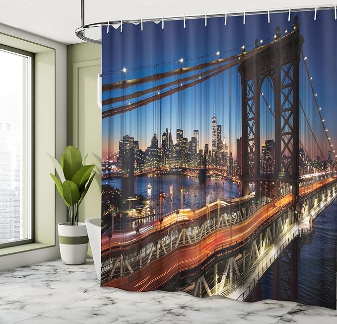 Ambesonne NYC Shower Curtain, Sunset at Brooklyn Bridge River Famous Touristic Attractions Large Modern, Cloth Fabric Bathroom Decor Set with Hooks, 69" W x 75" L, Orange Night