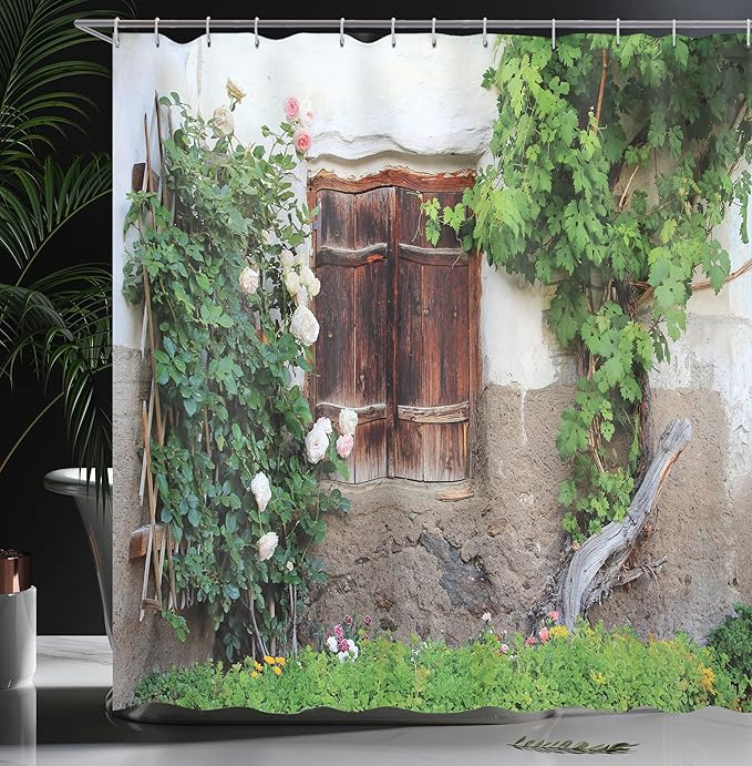 Ambesonne Shutters Shower Curtain, Old Windows with Wooden Shutters Roses and Wine Country House Backyard, Cloth Fabric Bathroom Decor Set with Hooks, 69" W x 75" L, White Brown