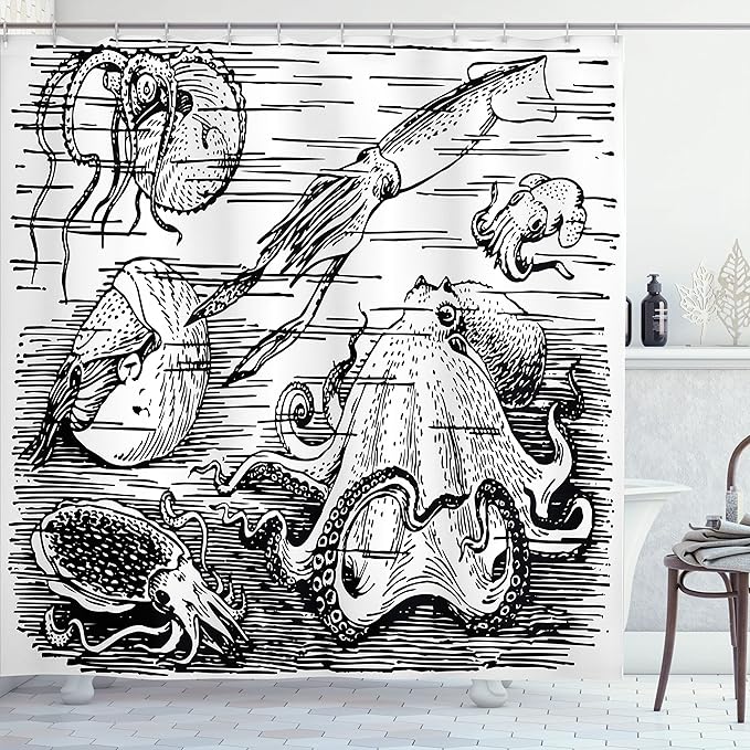 Ambesonne Octopus Shower Curtain, Marine Wildlife Print Animals with Tentacles Octopus Squid Shrimp Ocean Nature, Cloth Fabric Bathroom Decor Set with Hooks, 69" W x 70" L, Black White