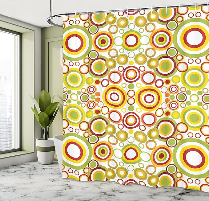 Ambesonne Geometric Shower Curtain, Circles Round Disk Disc Shapes Dots Swatches in Contrast Design Colorful Print, Cloth Fabric Bathroom Decor Set with Hooks, 69" W x 70" L, Green Yellow