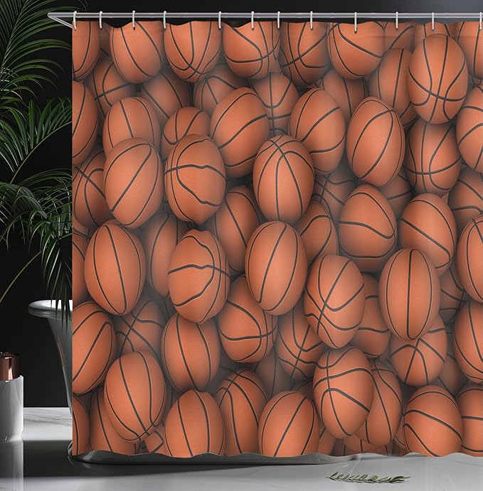 Ambesonne Sports Shower Curtain, Basketballs Graphic Slam Practice Athletic Events and Hobby Concept Digital Look Illustration, Cloth Fabric Bathroom Decor Set with Hooks, 69" W x 75" L, Orange Black