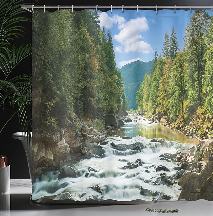 Ambesonne Nature Shower Curtain, Mountain River Along The Forest Waterfall Rocks Stream Travel Destination Landscape, Cloth Fabric Bathroom Decor Set with Hooks, 69" W x 70" L, Forrest Green